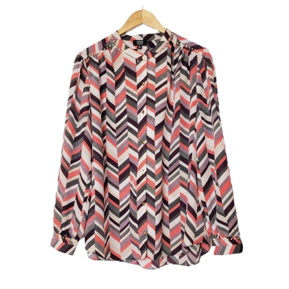 Jones New York Button Up Blouse Signature Long Sleeve  Colorful Chevron Stripe - Picture 1 of 16